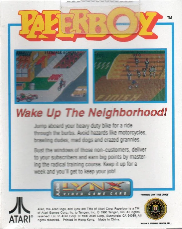 Contraportada nord-americana de Paperboy per a Atari Lynx, amb text promocional i dues captures.