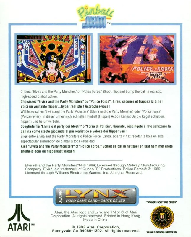 Contraportada nord-americana de Pinball Jam per a Atari Lynx amb dues captures i textos en diversos idiomes.
