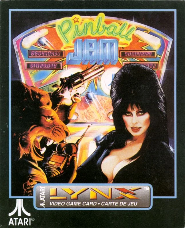 Portada nord-americana de Pinball Jam per a Atari Lynx amb Elvira, un felí armat i una taula de pinball.
