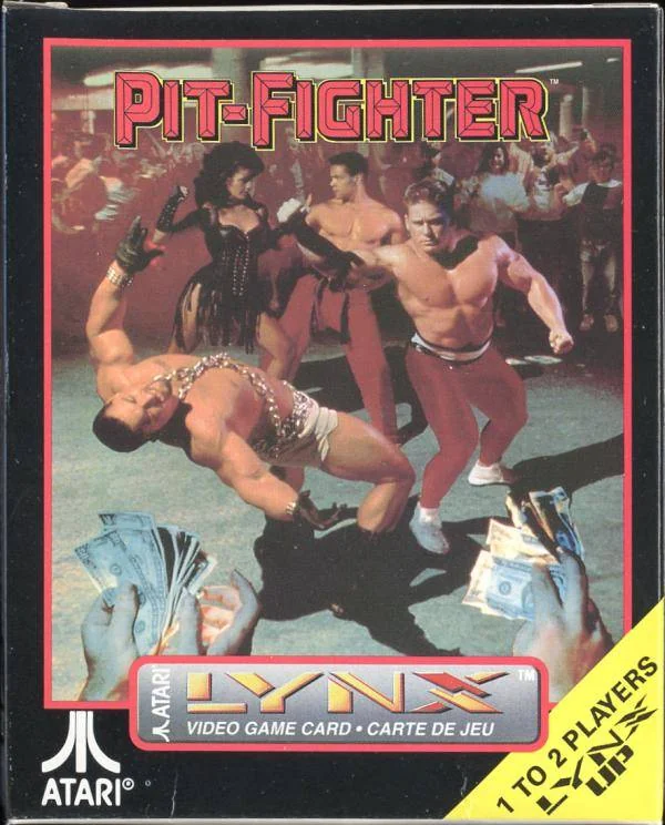 Frontal de la capsa nord-americana de Pit-Fighter per a Atari Lynx, amb lluitadors, apostes i el distintiu d’un o dos jugadors.
