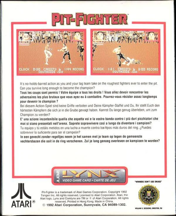 Revers de la capsa de Pit-Fighter per a Atari Lynx, amb dues captures, sis textos de presentació i els crèdits legals.