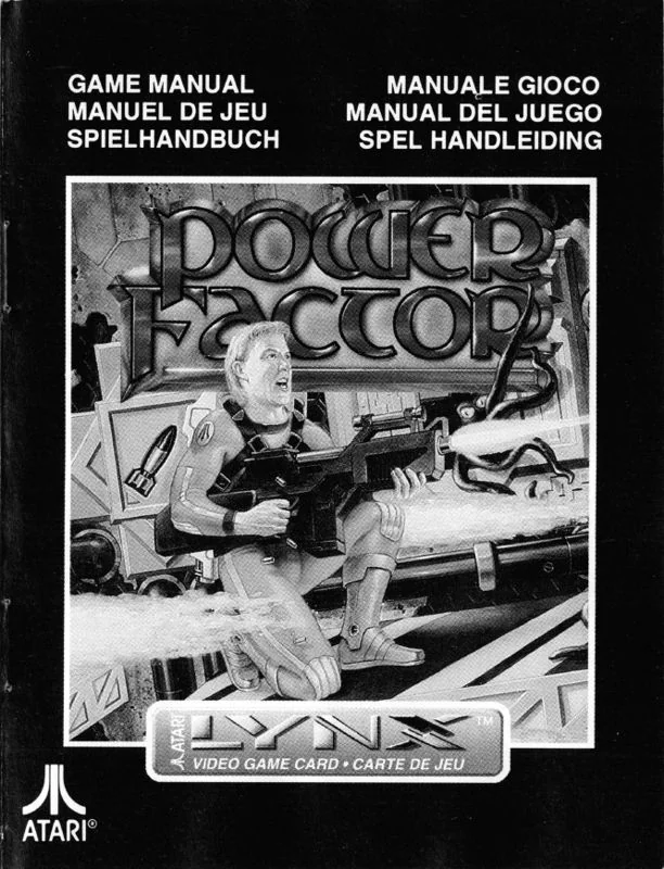 Portada del manual de Power Factor per a Atari Lynx, amb la il·lustració de Redd en blanc i negre i sis encapçalaments lingüístics.
