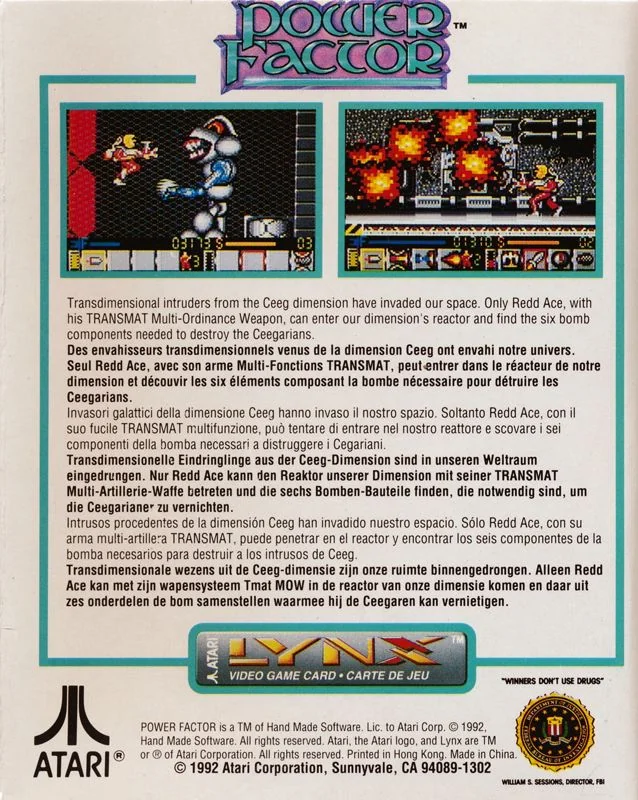 Revers de la caixa nord-americana de Power Factor per a Atari Lynx, amb dues captures i text en sis llengües.