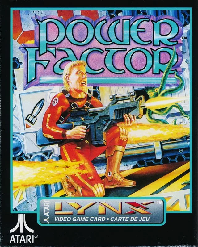 Frontal de la caixa nord-americana de Power Factor per a Atari Lynx, amb Redd Ace armat entre maquinària i trets.