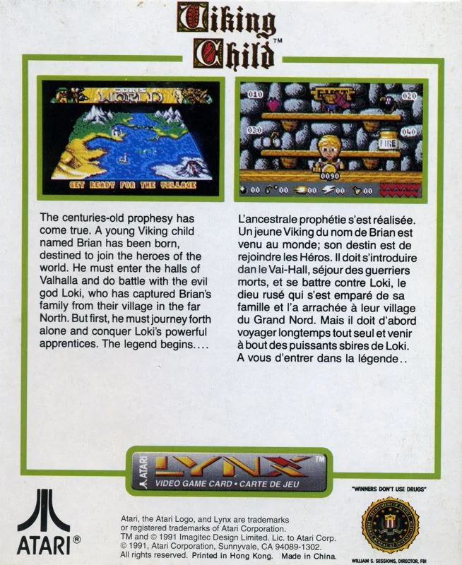 Revers de la capsa de Viking Child per a l’Atari Lynx, amb dues captures i text en anglès i francès.