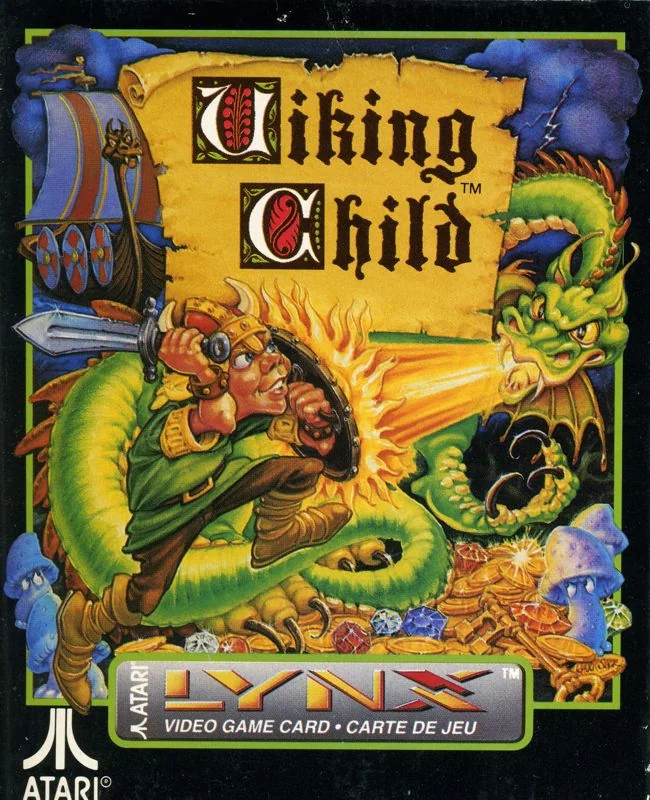 Frontal de Viking Child per a l’Atari Lynx, amb un guerrer armat davant d’un drac, un vaixell i un tresor.