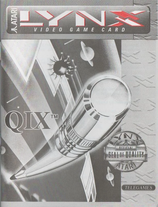 Coberta del manual de Qix per a Atari Lynx, amb il·lustració majoritàriament grisa i detalls vermells.