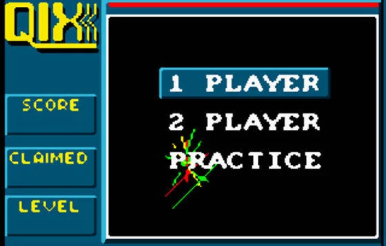 Menú principal de Qix amb les opcions 1 PLAYER, 2 PLAYER i PRACTICE.