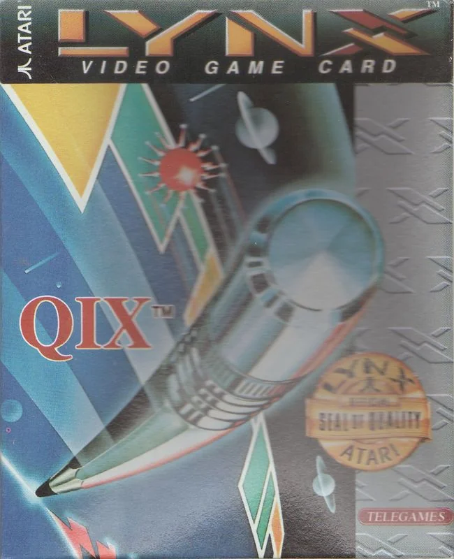 Frontal de la caixa nord-americana de Qix per a Atari Lynx, amb formes geomètriques i els distintius d’Atari i Telegames.