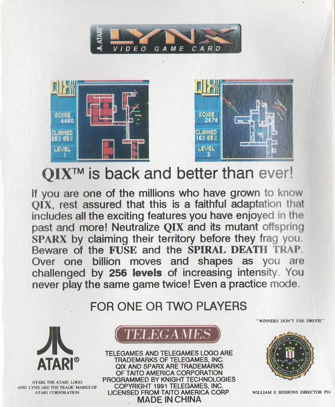 Revers de la caixa nord-americana de Qix per a Atari Lynx, amb dues captures i text en anglès.