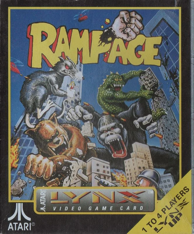 Frontal de la capsa nord-americana de Rampage per a Atari Lynx, amb quatre monstres destruint edificis.