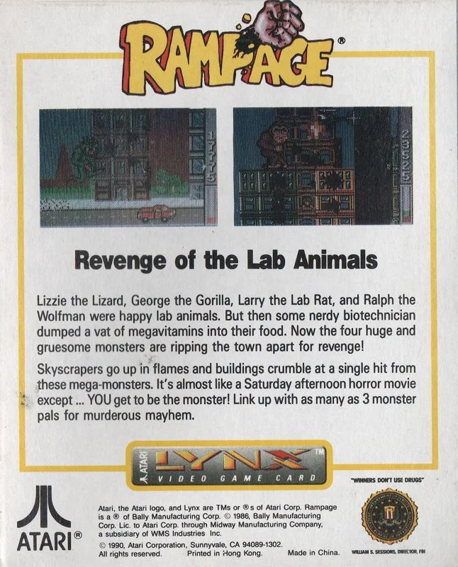 Revers de la capsa nord-americana de Rampage per a Atari Lynx, amb dues captures i el relat dels animals de laboratori.