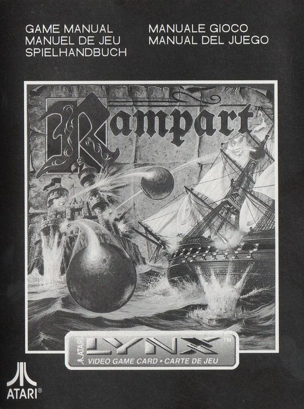 Portada en blanc i negre del manual de Rampart per a Atari Lynx, amb encapçalaments en cinc idiomes.