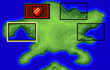 Mapa insular amb zones emmarcades i un escut vermell a la part superior.