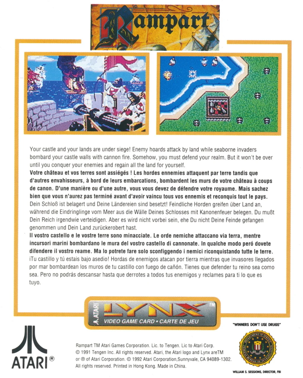 Revers de la capsa nord-americana de Rampart per a Atari Lynx, amb dues captures i textos en cinc idiomes.