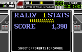 Pantalla Rally 1 Stats amb una puntuació de 1.390 punts i el quadre del vehicle encara visible.