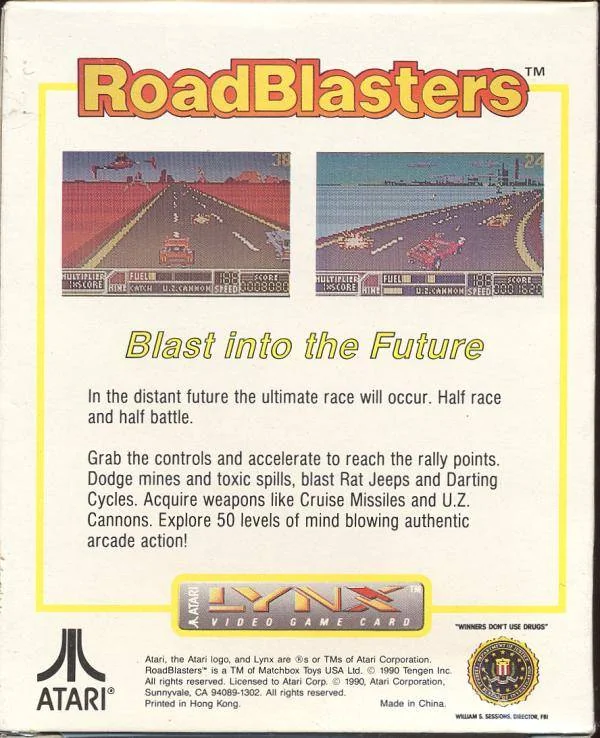 Revers de la capsa nord-americana de RoadBlasters per a Atari Lynx, amb dues captures i text promocional.