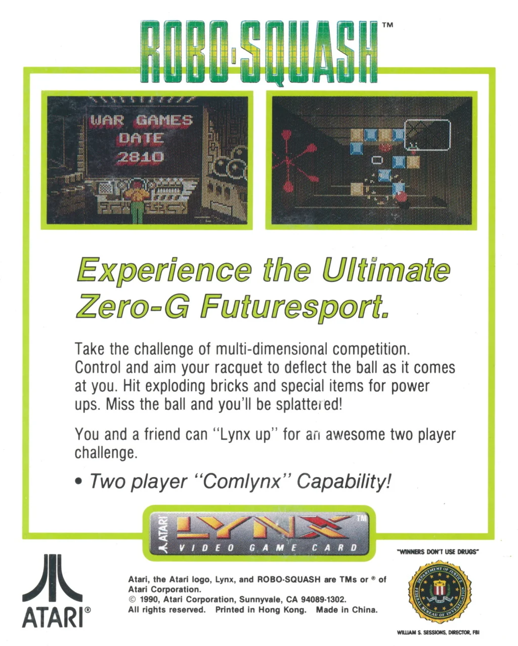Revers de la capsa nord-americana de Robo-Squash per a Atari Lynx, amb captures i anunci del multijugador ComLynx.