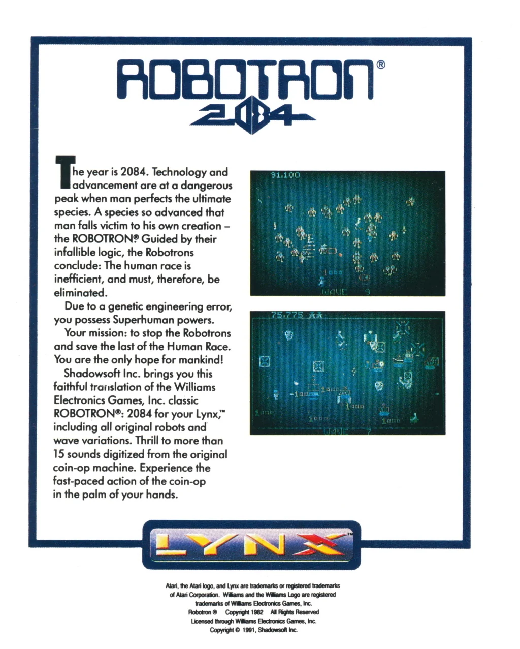 Revers nord-americà de Robotron: 2084 per a l’Atari Lynx, amb dues imatges del joc i text promocional en anglès.
