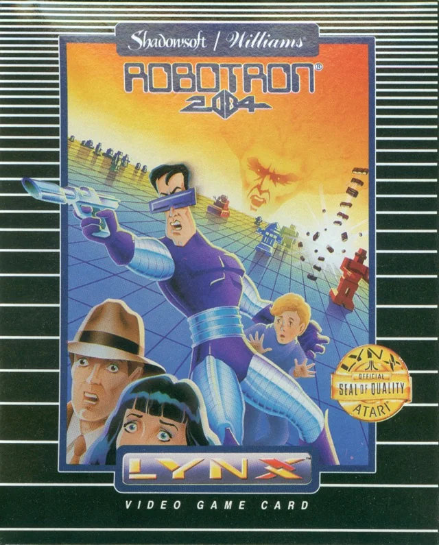 Frontal nord-americà de Robotron: 2084 per a l’Atari Lynx, amb un personatge armat que protegeix tres humans.