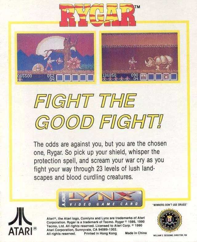 Revers de la capsa nord-americana de Rygar per a Atari Lynx, amb dues captures i text promocional.