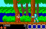 Rygar combat entre troncs alts i vegetació, amb diverses criatures al seu voltant.