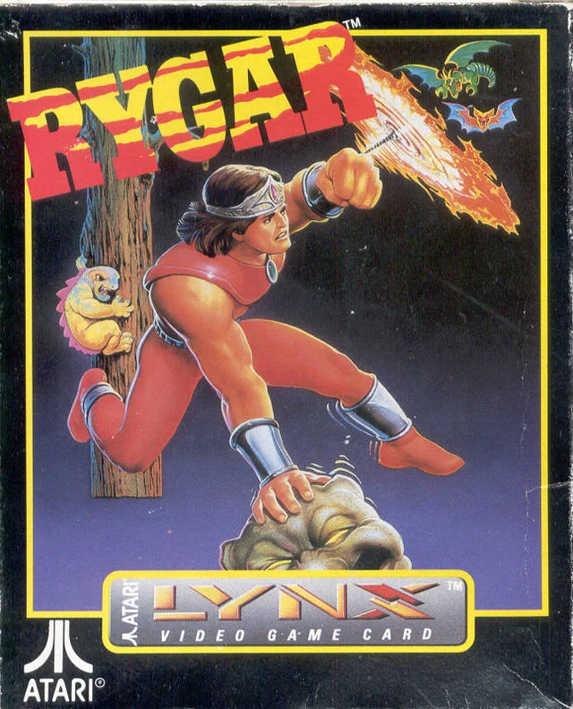 Frontal de la capsa nord-americana de Rygar per a Atari Lynx, amb un guerrer armat entre criatures.