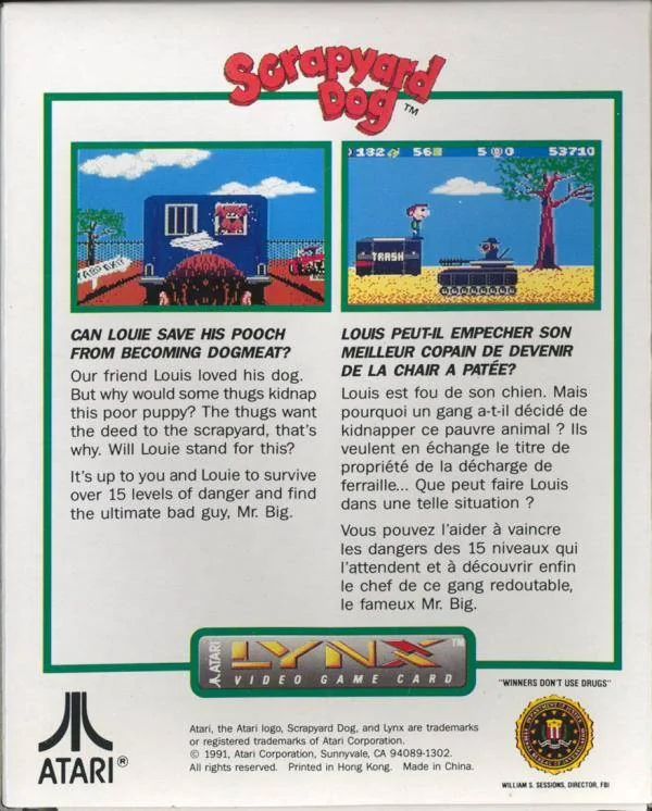 Revers de la capsa nord-americana de Scrapyard Dog per a l’Atari Lynx, amb dues captures i textos en anglès i francès.