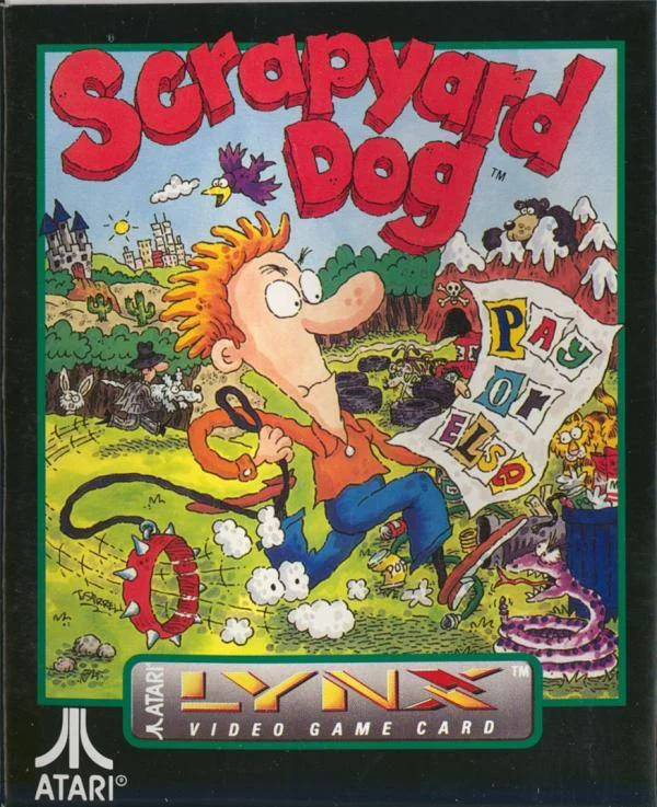Frontal de la capsa nord-americana de Scrapyard Dog per a l’Atari Lynx, amb Louie corrent entre animals i ferralla.