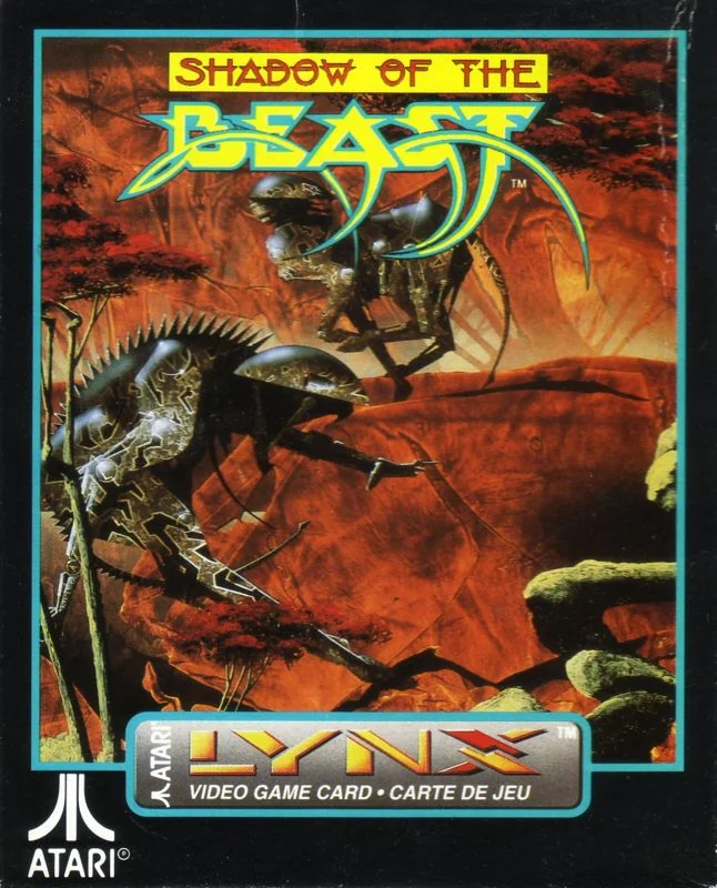 Frontal de la capsa europea de Shadow of the Beast per a l’Atari Lynx, amb criatures fantàstiques i formacions rocoses.