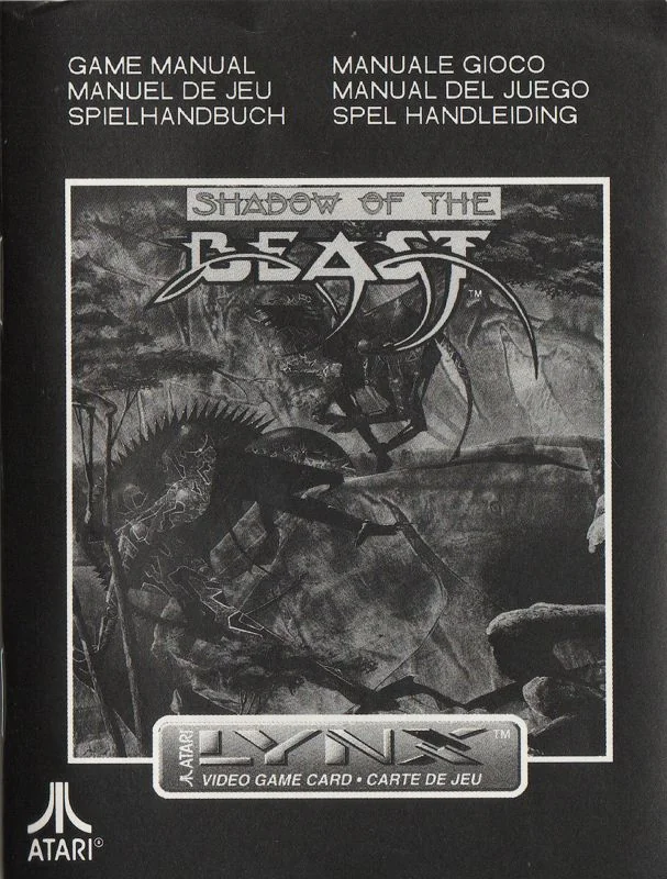 Portada del manual de Shadow of the Beast per a l’Atari Lynx, amb dibuix en blanc i negre i encapçalaments multilingües.