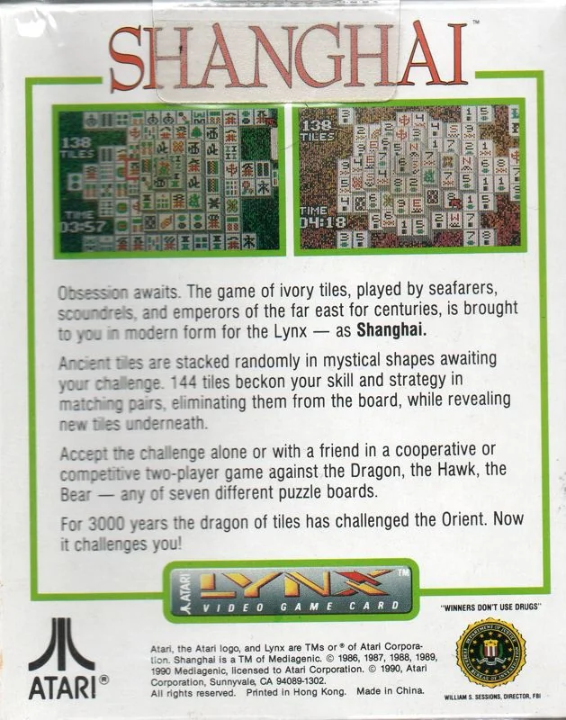 Revers de la capsa nord-americana de Shanghai per a l’Atari Lynx, amb dues captures i text en anglès.