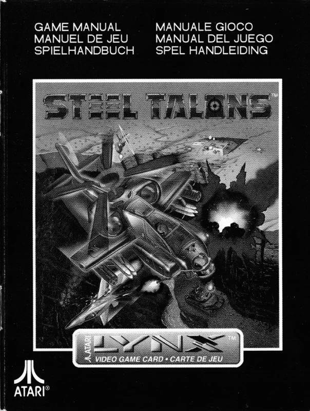 Portada en blanc i negre del manual de Steel Talons per a Lynx, amb un helicòpter i encapçalaments en sis llengües.