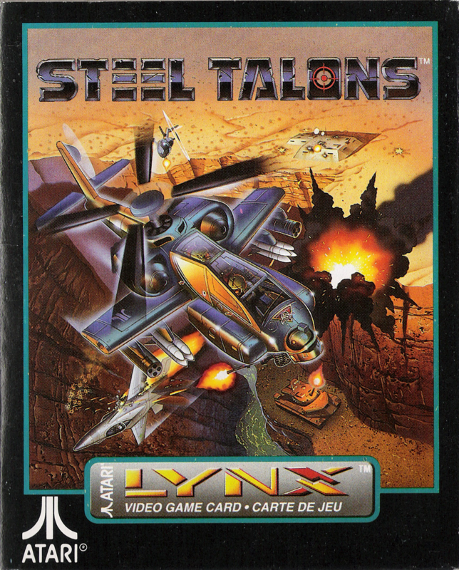 Frontal de la capsa europea de Steel Talons per a Atari Lynx, amb un helicòpter armat sobre un canyó.
