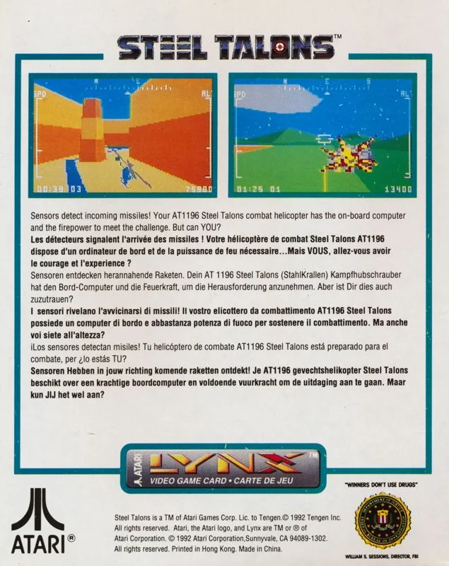 Revers de la capsa europea de Steel Talons per a Atari Lynx, amb captures i textos en sis idiomes.