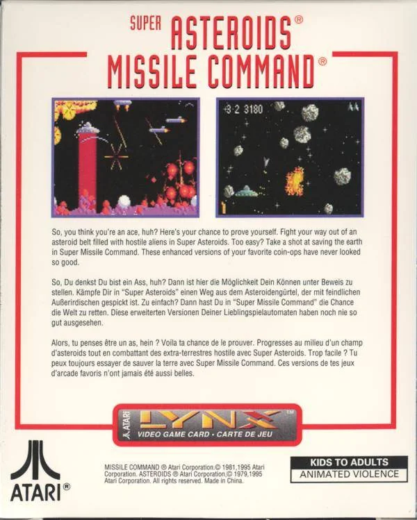 Revers de la capsa nord-americana de Super Asteroids & Missile Command per a Atari Lynx, amb dues captures i textos en tres idiomes.