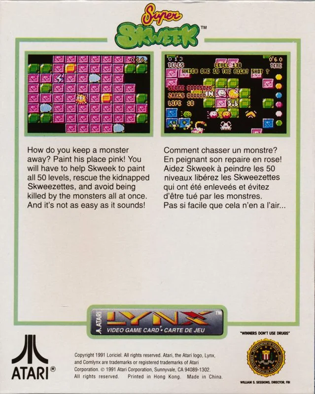 Revers de la capsa nord-americana de Super Skweek per a Atari Lynx, amb dues captures i textos en anglès i francès.