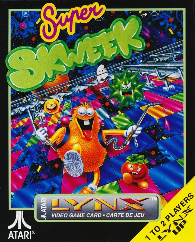 Frontal de la capsa nord-americana de Super Skweek, amb una criatura groga sobre rajoles multicolors i els logotips Atari i Lynx.