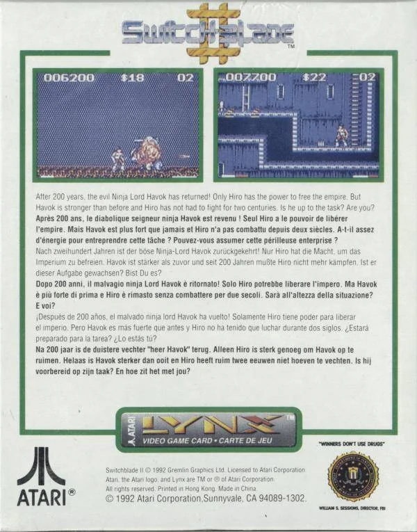 Revers de la capsa nord-americana de Switchblade II per a Atari Lynx, amb dues captures i textos en sis llengües.