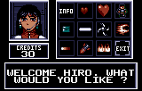 Botiga de Switchblade II amb un retrat, una graella d’articles, l’opció Exit i un saldo de 30 crèdits.