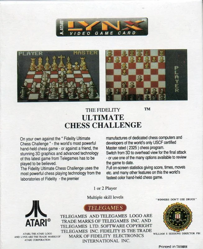 Revers de la capsa nord-americana de The Fidelity Ultimate Chess Challenge per a Lynx, amb dues captures i text en anglès.