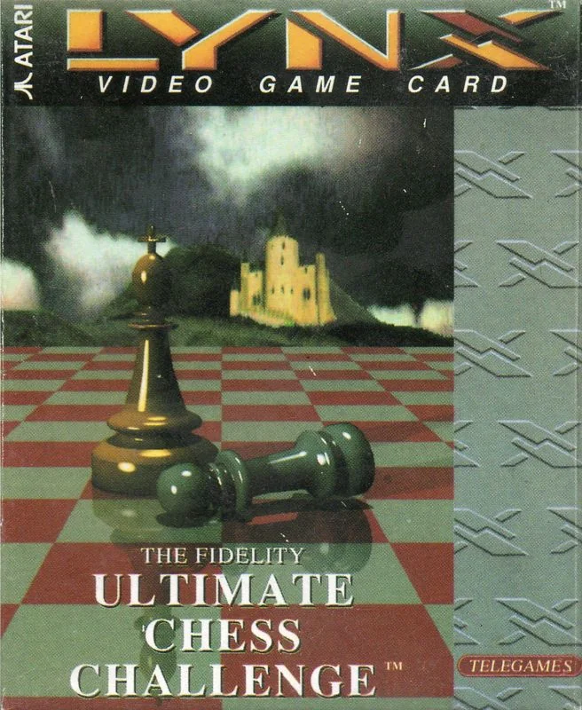 Frontal de la capsa nord-americana de The Fidelity Ultimate Chess Challenge per a l’Atari Lynx, amb peces d’escacs i un castell.