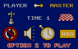 Pantalla de configuració amb PLAYER, MASTER, TIME 1, icones i la indicació OPTION 2 TO PLAY.