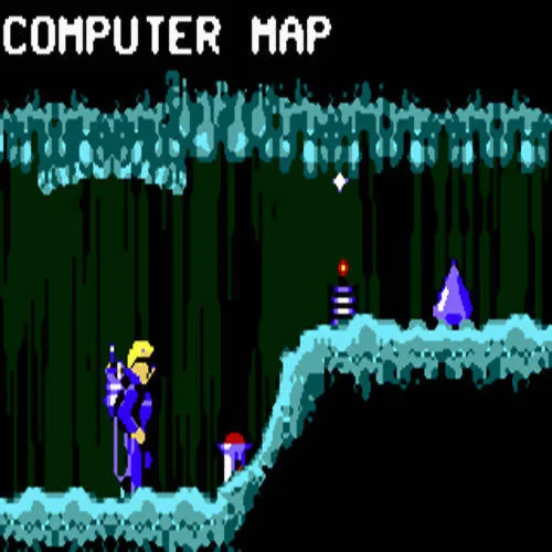Todd entre plataformes turqueses i objectes, amb el rètol COMPUTER MAP a la part superior.