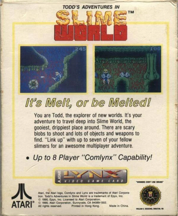 Revers de la capsa nord-americana de Todd's Adventures in Slime World per a Atari Lynx, amb captures i informació de ComLynx.