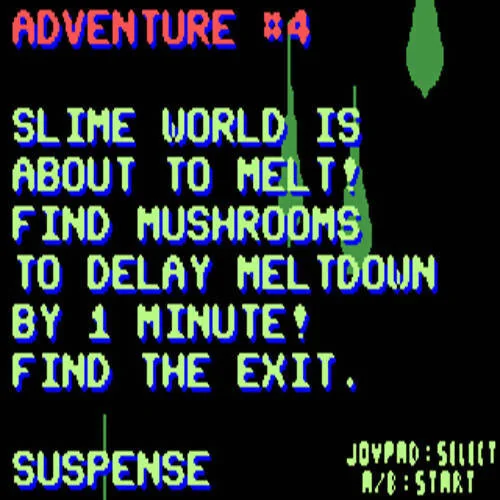 Pantalla de descripció de l’aventura 4, SUSPENSE, amb la regla dels bolets i l’objectiu de trobar la sortida.