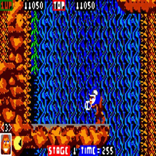 Toki amb un casc blanc sobre una plataforma rocosa davant d’una cascada.
