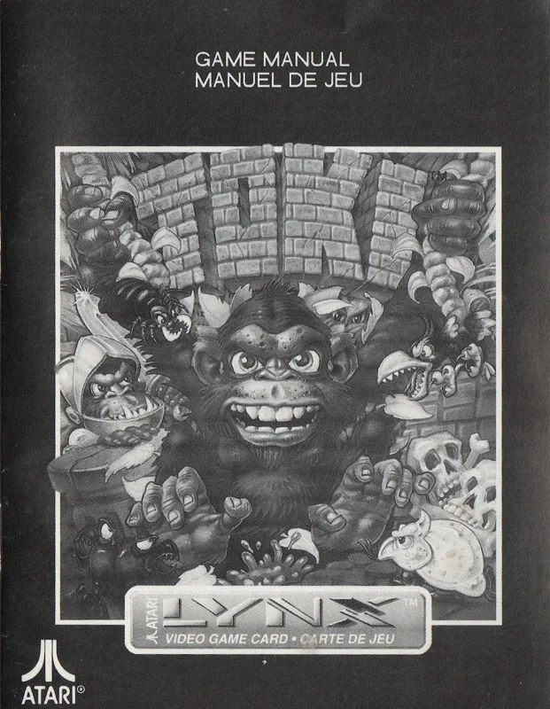 Portada del manual de Toki per a Atari Lynx, il·lustrada en blanc i negre i amb encapçalament bilingüe.