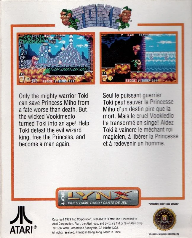 Contracoberta de Toki per a Atari Lynx, amb dues captures i textos en anglès i francès.