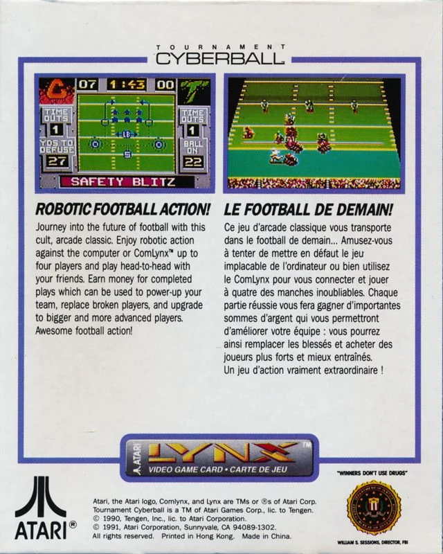 Revers nord-americà de Tournament Cyberball per a Atari Lynx, amb dues captures i text en anglès i francès.
